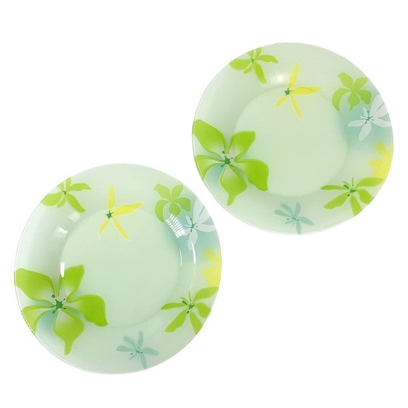 Luminarc 2 Dinner Plates 2 Salad Bowls Green Ode Tempered Glass Tableware Floral - Picture 5 of 11